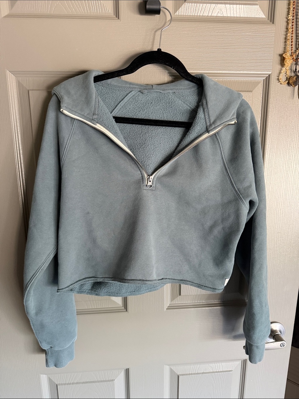 Vuori Cropped Half-Zip Hoodie in Slate Blue-Green